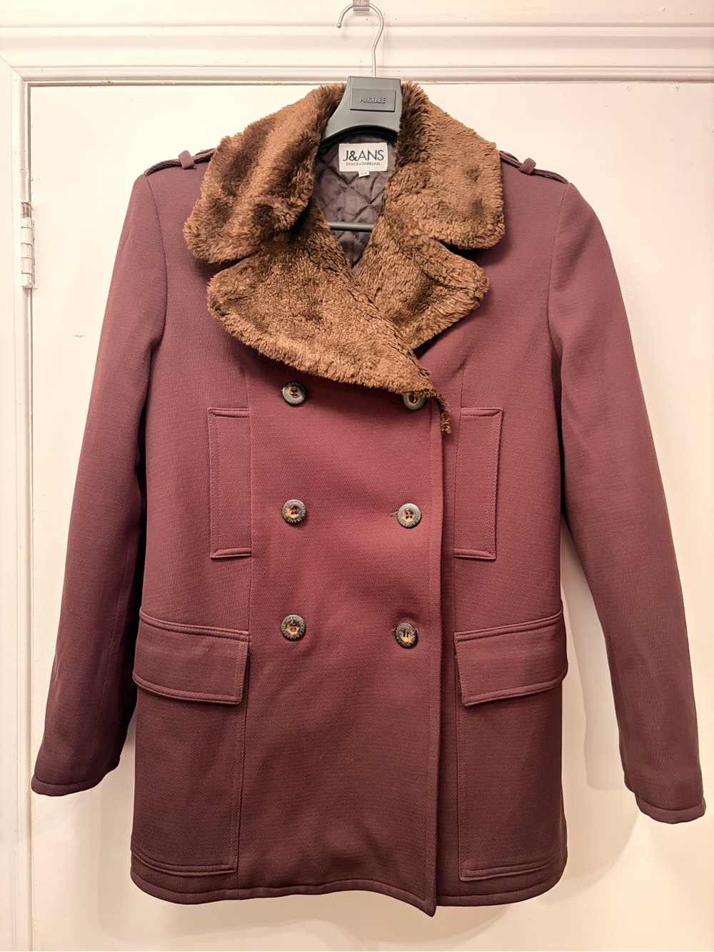Dolce & Gabbana Dusty Mauve Pea Coat with Brown Faux-Fur Collar
